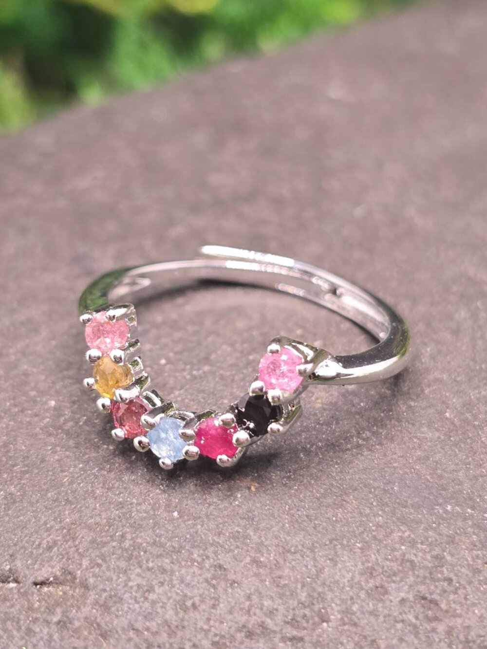 Watermelon Tourmaline Crescent Adjustable Ring Size 6-10 Silver Tone